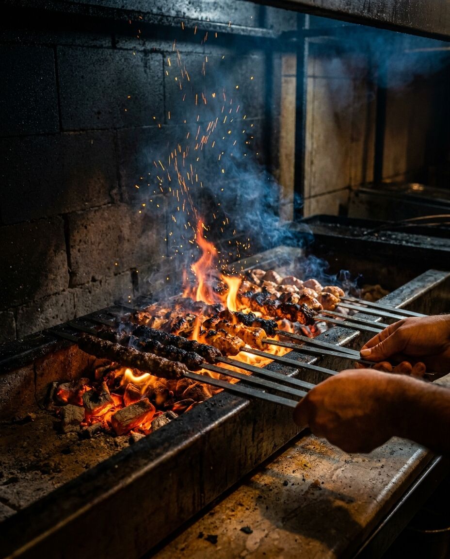 Live charcoal grill with flames at Royal Palace Grill