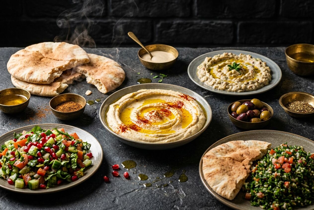 Fresh Middle Eastern mezze spread — hummus, baba ghanoush, tabbouli and pita