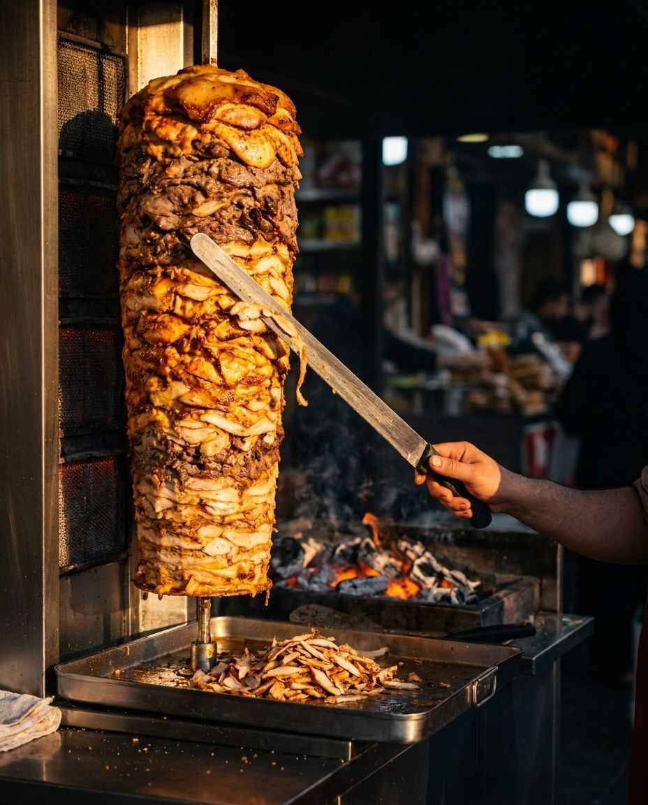 Chicken and beef shawarma shaved off the spit